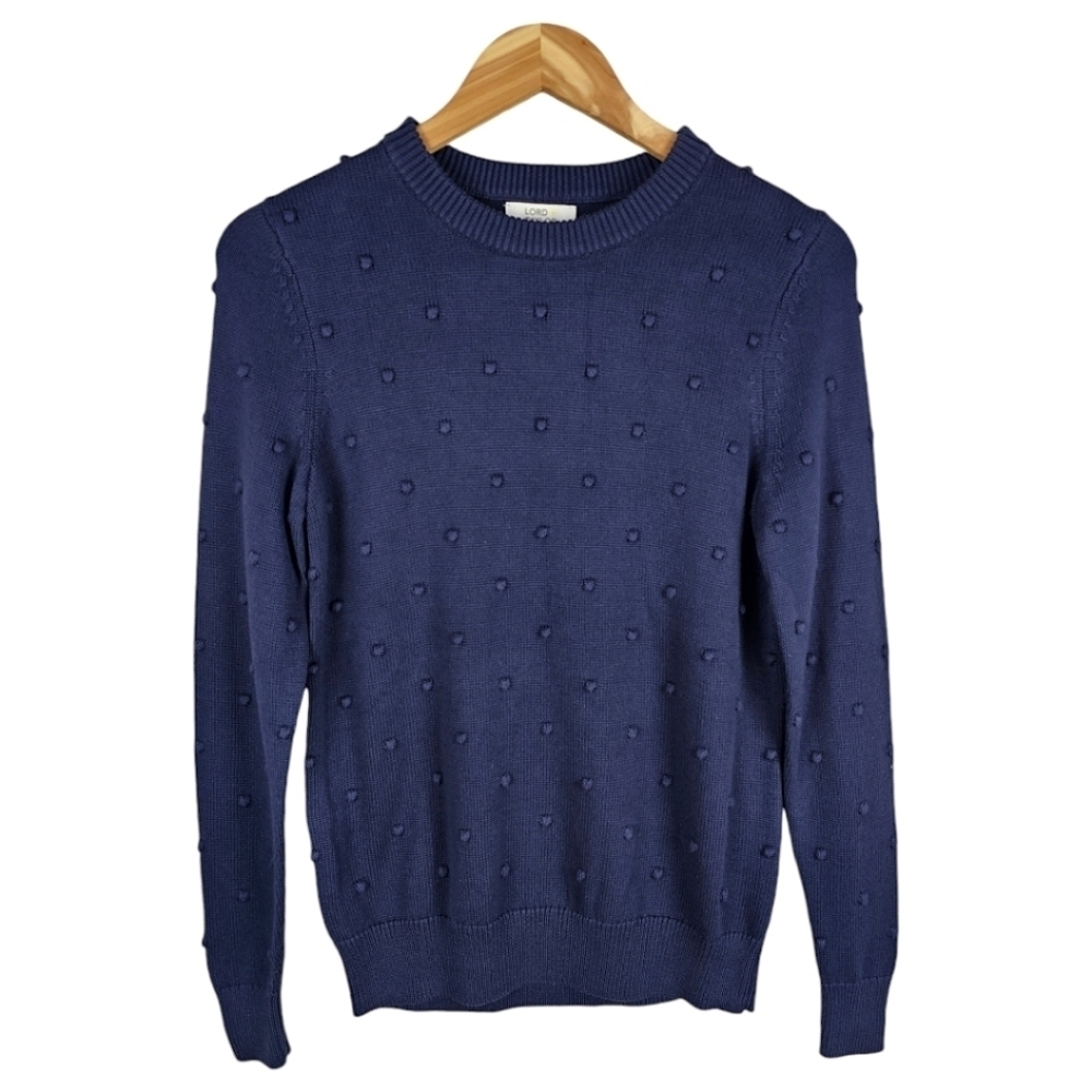Lord & Taylor Swiss Dot Sweater XS Navy Blue Long Sleeve Casual Cotton Simple